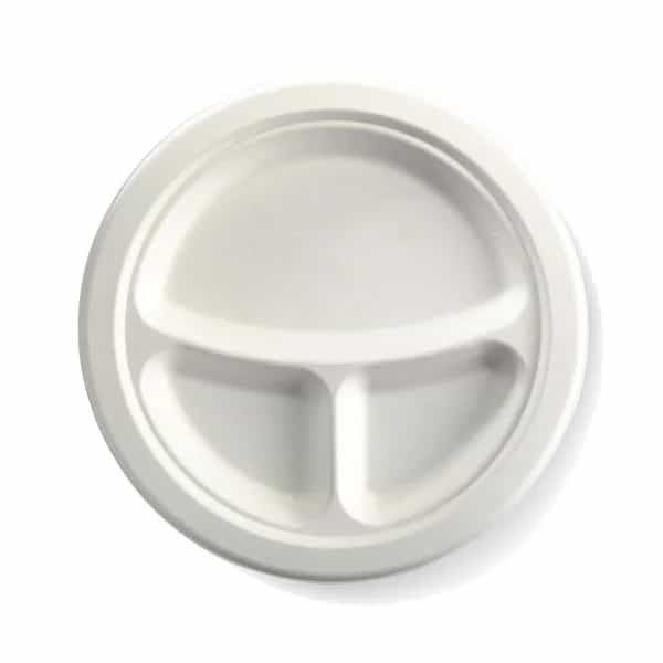 3 Compartments Sugarcane Round Plate - 22.5cm,  (9inch)