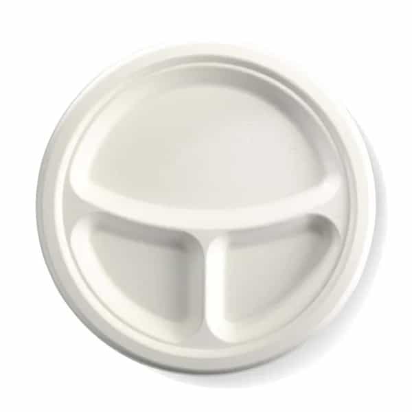 3 Compartments Sugarcane Round Plate - 25.4cm, (10inch)