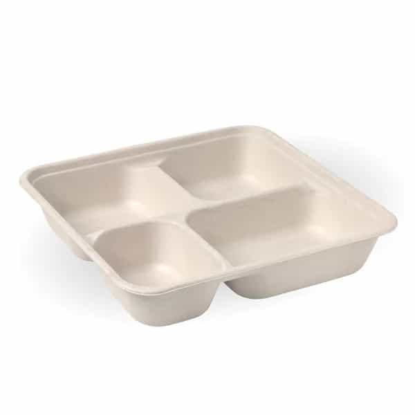 Sugarcane Tray - Large 4 Compartment, Natural